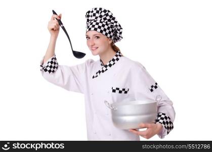 Young woman cook isolated on white