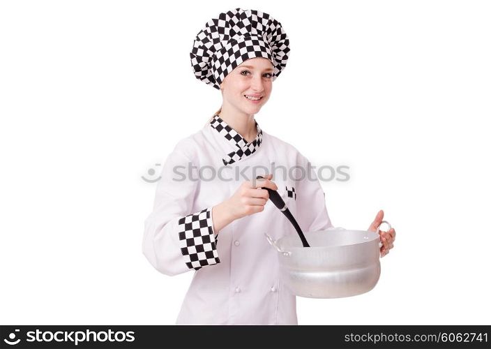 Young woman cook isolated on white