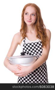 Young woman cook isolated on white