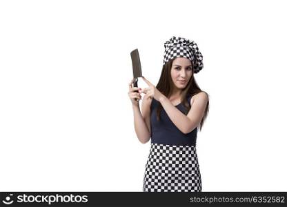 Young woman cook isolated on white background