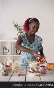Young Woman Cooking at home. Healthy Food. Dessert Concept. Healthy Lifestyle. Cooking At Home. Prepare Food