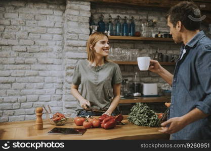 Young  woman cooking while man drinking coffee  in the rustic kitchen