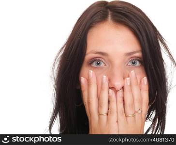 Young woman covering her mouth with both hands isolated over white background