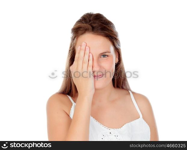 Young woman covering the half of her face isolated on a white background