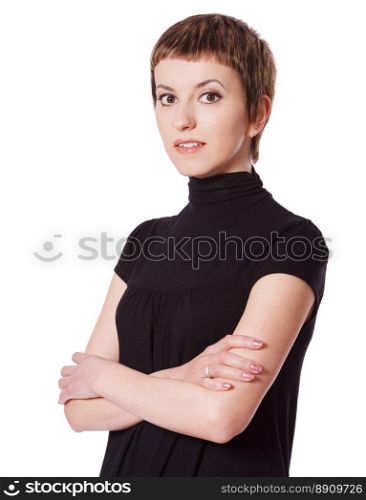Young woman crossed hands with smile isolated on white. woman crossed hands