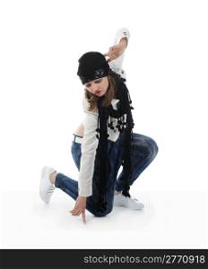 Young woman dancing hip-hop. Isolated on white background