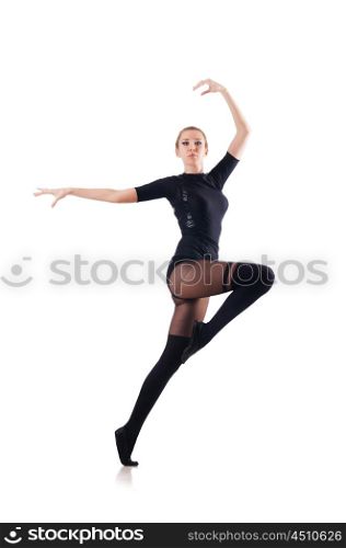Young woman dancing on white background