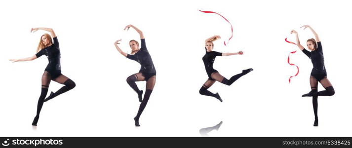 Young woman dancing on white background