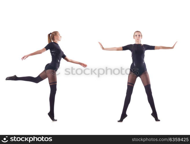 Young woman dancing on white background