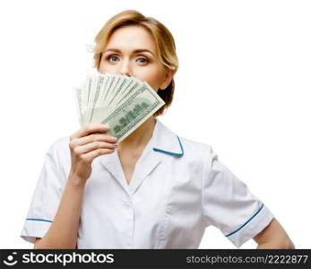 Young woman doctor isolated on white background. corruption in medicine. Woman doctor standing on white background