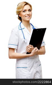 Young woman doctor isolated on white background holding plane table. Woman doctor standing on white background