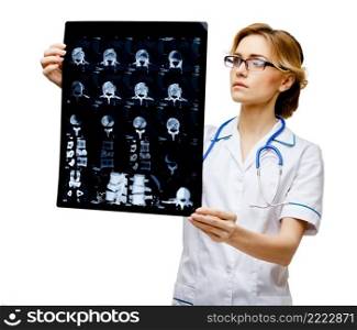 Young woman doctor isolated on white background holding x-ray. Woman doctor standing on white background