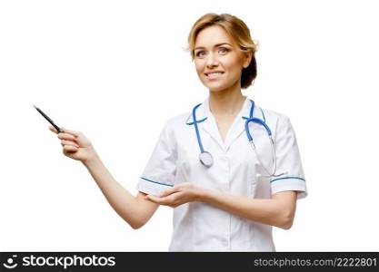 Young woman doctor isolated on white background showing on virtual screen. Woman doctor standing on white background