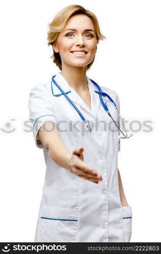 Young woman doctor isolated on white background. Woman doctor standing on white background