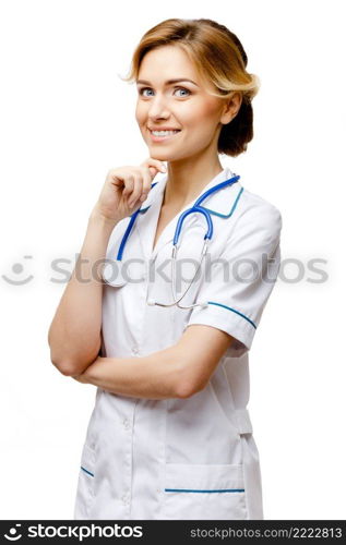 Young woman doctor isolated on white background. Woman doctor standing on white background