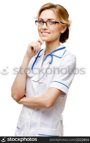 Young woman doctor isolated on white background. Woman doctor standing on white background