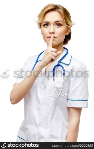 Young woman doctor isolated on white background. Woman doctor standing on white background