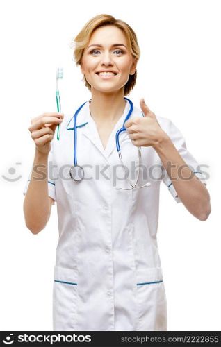 Young woman doctor isolated on white background. Woman doctor standing on white background