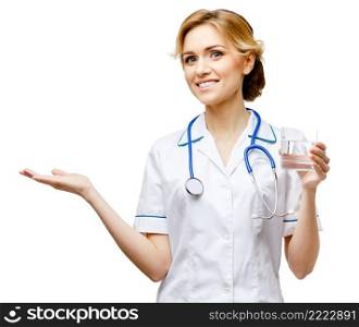 Young woman doctor isolated on white background. Woman doctor standing on white background