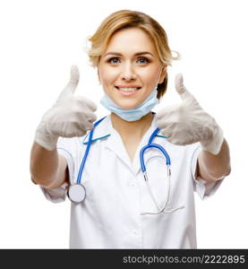 Young woman doctor isolated on white background. Woman doctor standing on white background