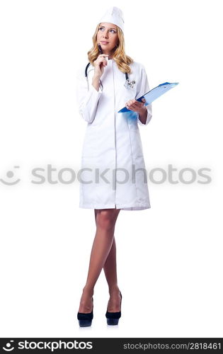 Young woman doctor on white