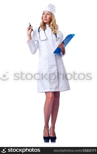 Young woman doctor on white