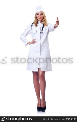 Young woman doctor on white