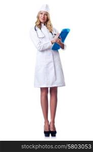 Young woman doctor on white