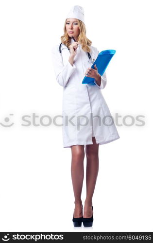 Young woman doctor on white