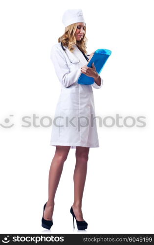 Young woman doctor on white