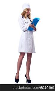 Young woman doctor on white