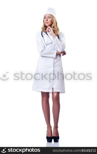 Young woman doctor on white