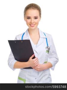 Young woman doctor with stethoscope isolated