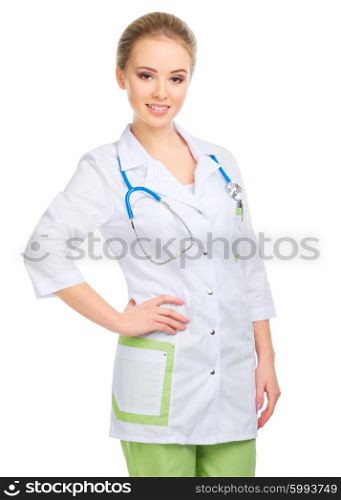 Young woman doctor with stethoscope isolated