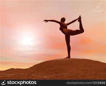 Young woman doing dancer pose, natarajasana while practicing yoga outside in front of sunset
