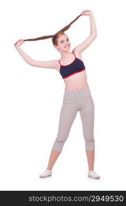 Young woman doing exercises on white