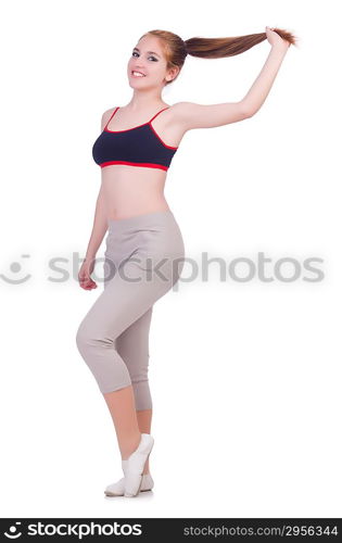 Young woman doing exercises on white