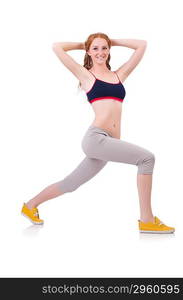 Young woman doing exercises on white