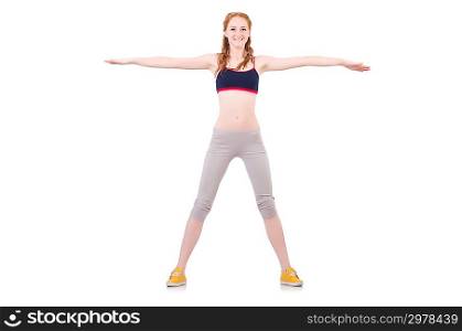 Young woman doing exercises on white
