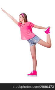 Young woman doing exercises on white