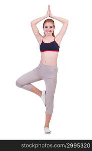 Young woman doing exercises on white