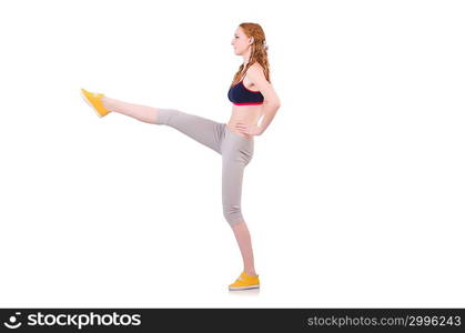 Young woman doing exercises on white