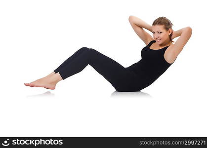 Young woman doing exercises on white