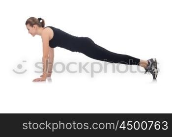 Young woman doing exercises on white