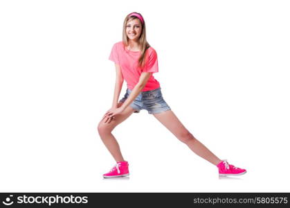 Young woman doing exercises on white