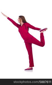 Young woman doing exercises on white