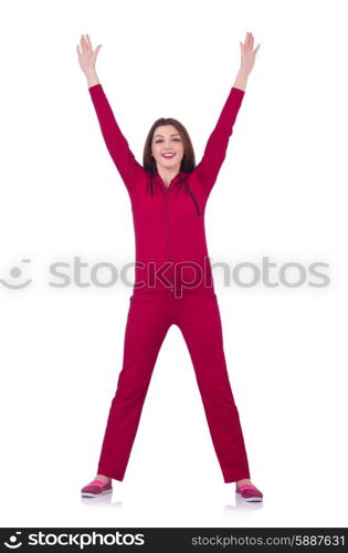 Young woman doing exercises on white