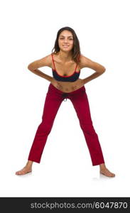 Young woman doing exercises on white