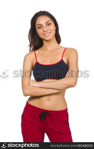 Young woman doing exercises on white