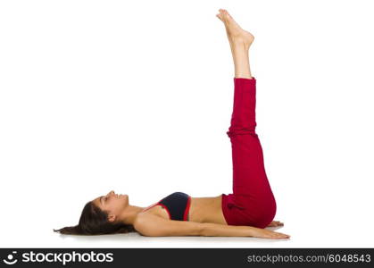 Young woman doing exercises on white